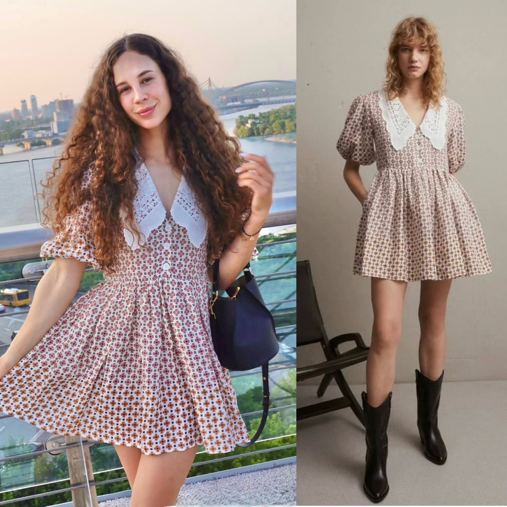 MAJE Lace Collar Tile Print Linen Puff Sleeve Cottagecore 70s Babydoll Dress 6